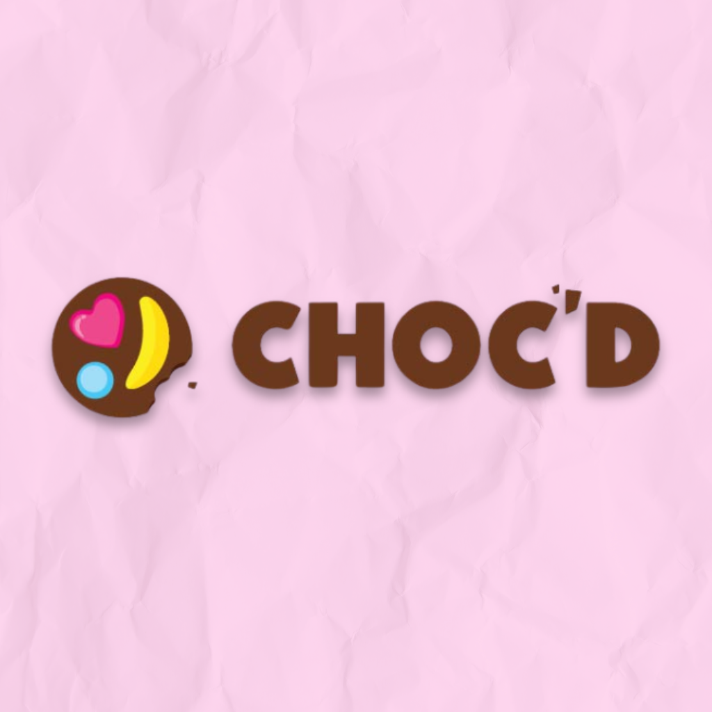 CHOC'D logo with candy-style design on pink background