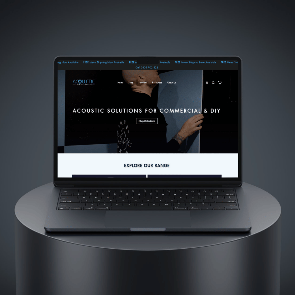 Laptop displaying acoustic solutions for commercial and DIY projects on a dark background.